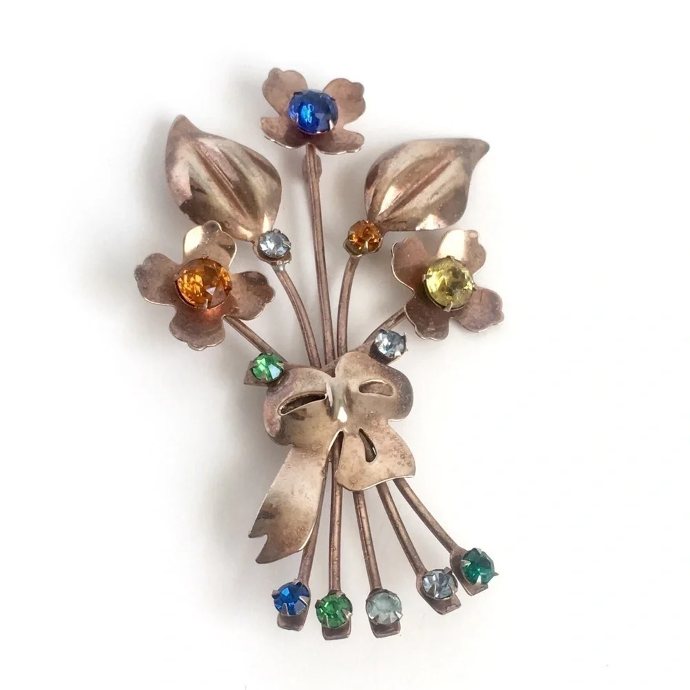 Art Deco Gold Vermeil Brooch‎ Sterling Silver Flower Spray Pin Floral Rhinestone